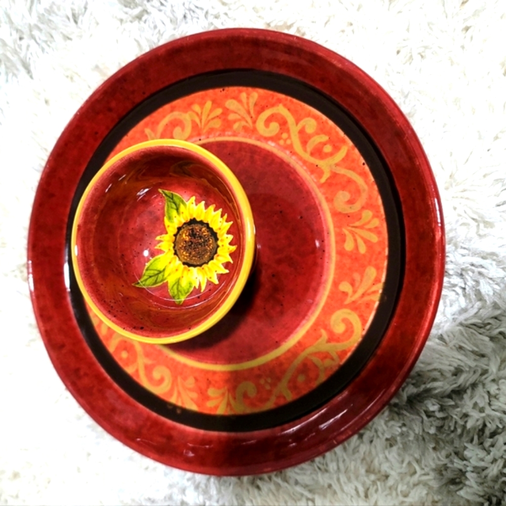 Vintage Hand-Painted Terracotta Sunflower Chip/Veggie and Dip Dish Bowl